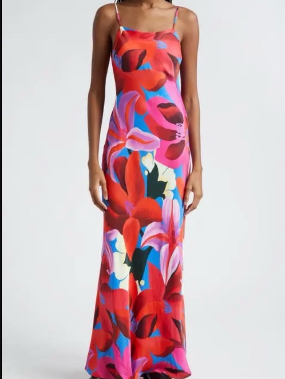 FARM Rio Red Pink Blue Floral Slip Maxi Dress with Spaghetti Straps